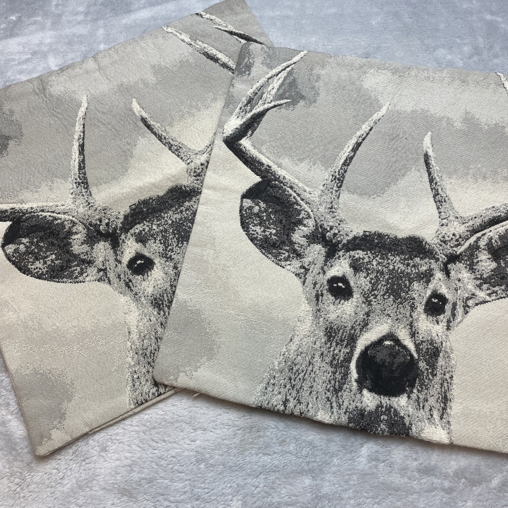 2 Stag Deer Tapestry Pillow Covers 17" Square Beige Black Nature Cabin Lodge